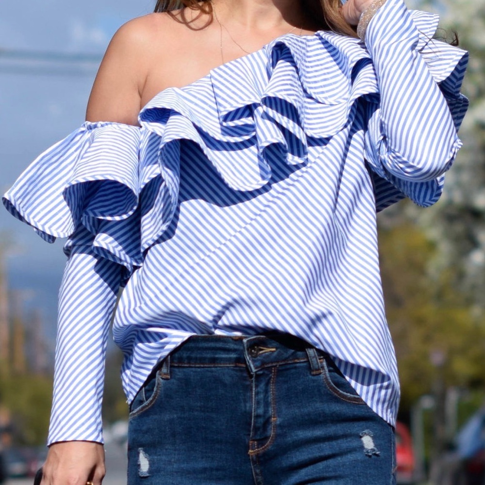Haute Rogue One Shoulder Ruffle Top in Blue White Stripe Long Sleeve Size Small